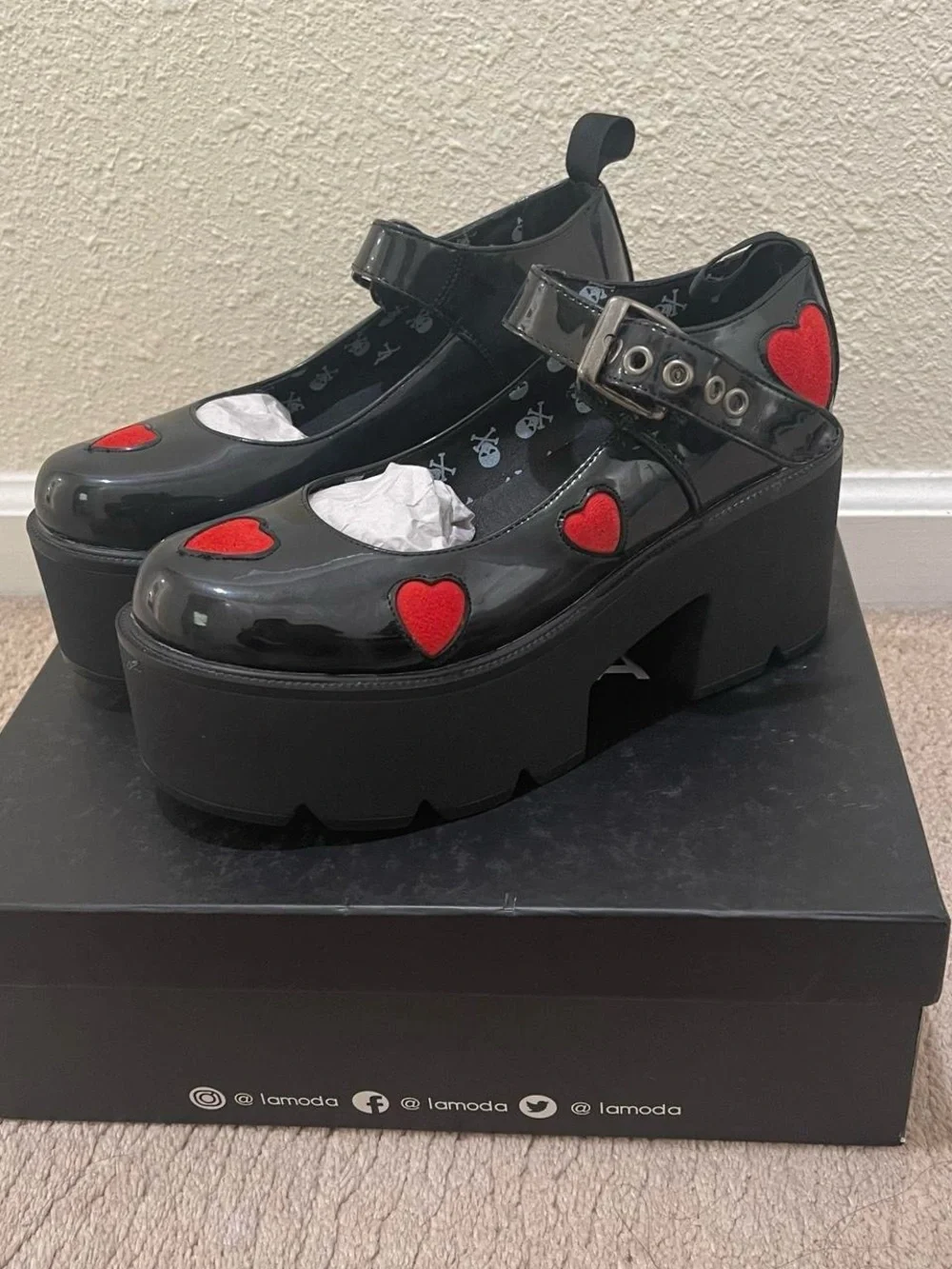 Black Patent Platform Mary Janes with Red Heart Accents